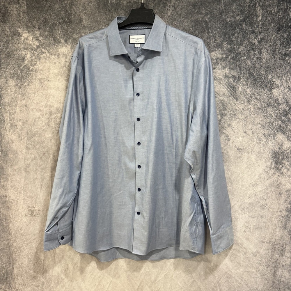 Charles Tyrwhitt Mens 18X37 Classic Fit Non-Iron French Cuff Blue Grid Shirt XL